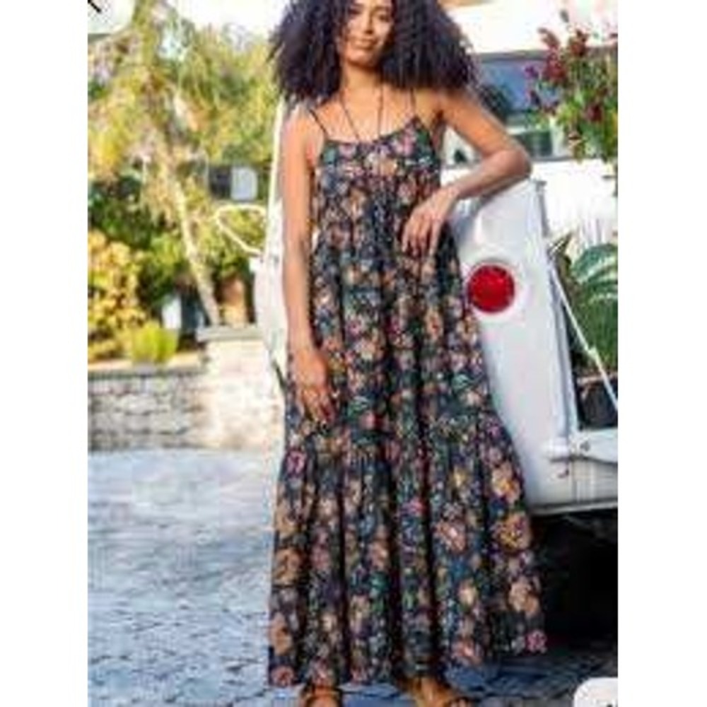 Natural Life Sunflower Floral Tiered Maxi Dress Black Cotton Boho XS
